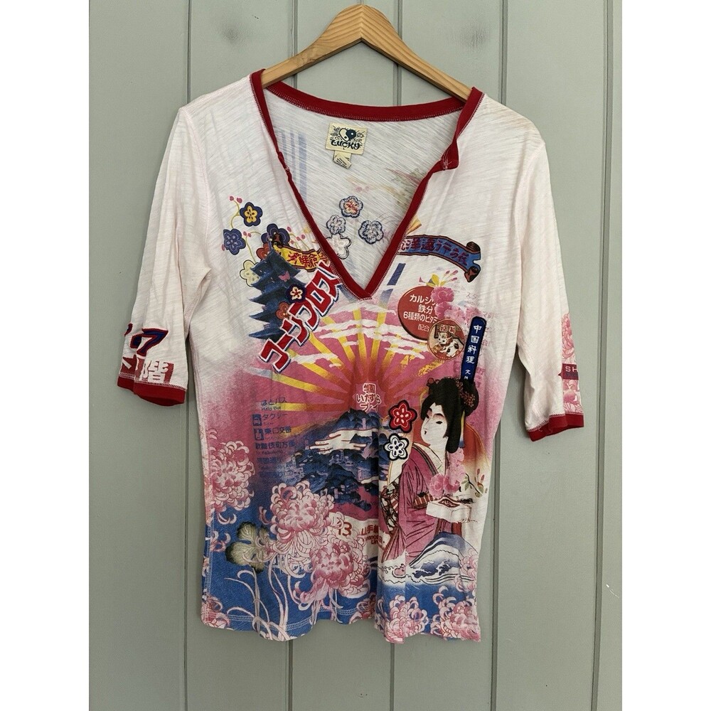 VTG Y2K Lukcy Brand Tee Shirt L Large Japan Asian Embroidered V-Neck 3/4 Sleeves
